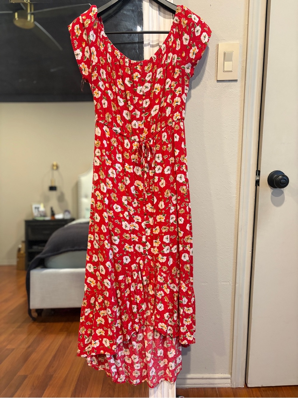 Red Floral High-Low Dress with Tie Waist